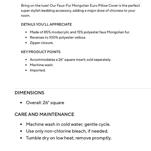 Pottery Barn Dorm Furrific Mongolian Pillow Cover Sham 26” - Picture 2 of 5